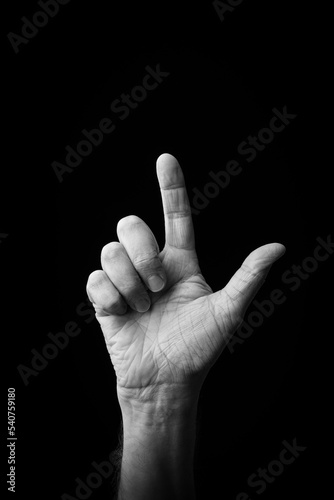 Hand demonstrating the Japanese sign language letter 'RE' or 'れ' with copy space