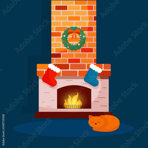 A Christmas mantel with a wreath and socks. Red cat sleeping by the fireplace. Postcard, banner for New Year and Christmas