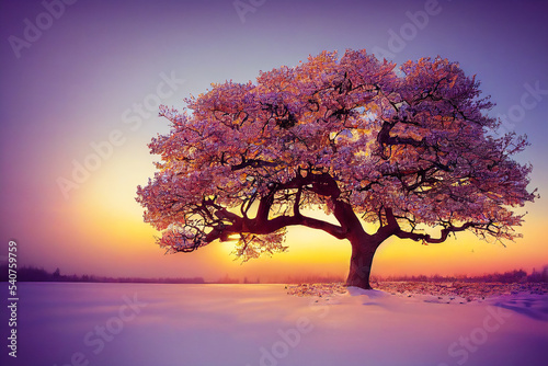 Landscape evoking the passage from winter to spring and a feeling of freedom with a flowering tree isolated in the snow. Illustration 3d © XaMaps
