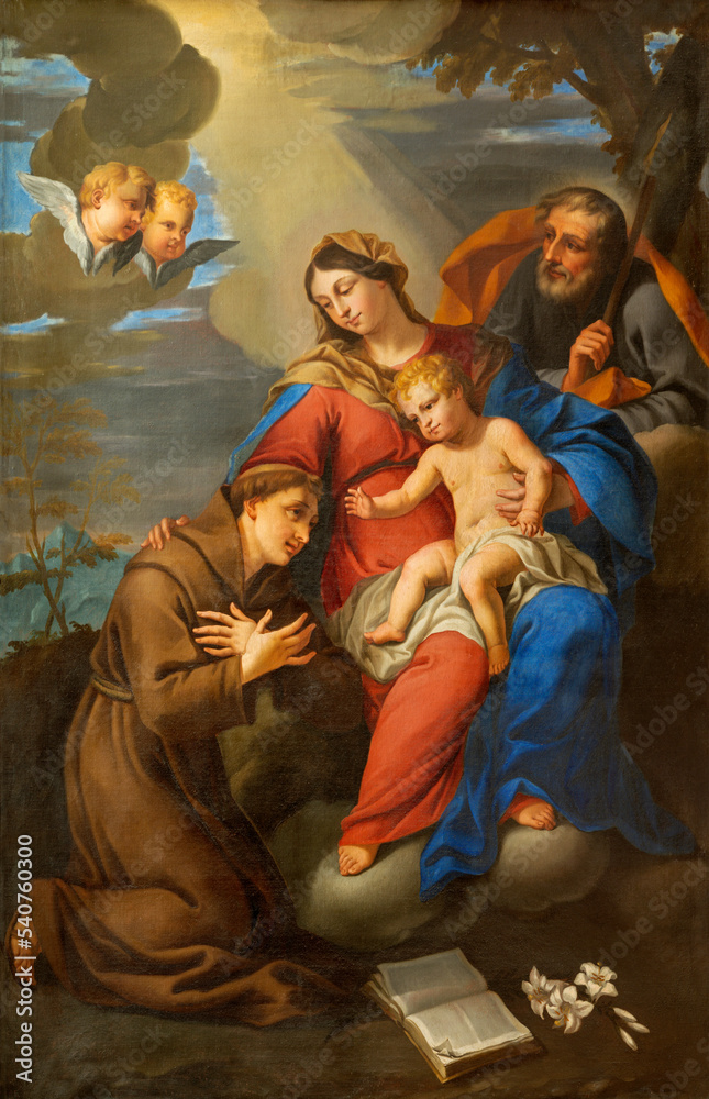 VARENNA, ITALY - JULY 20, 2022: The painting of Madonna with the St. Anthony of Padua in the church Chiesa di Santa Maria delle Grazie by unknown artist of 17. cent.