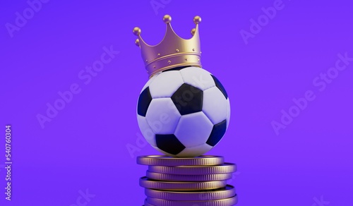 Fototapeta Naklejka Na Ścianę i Meble -  Soccer ball wearing a crown with a stack of coins. Sports betting and finance. 3D Rendering