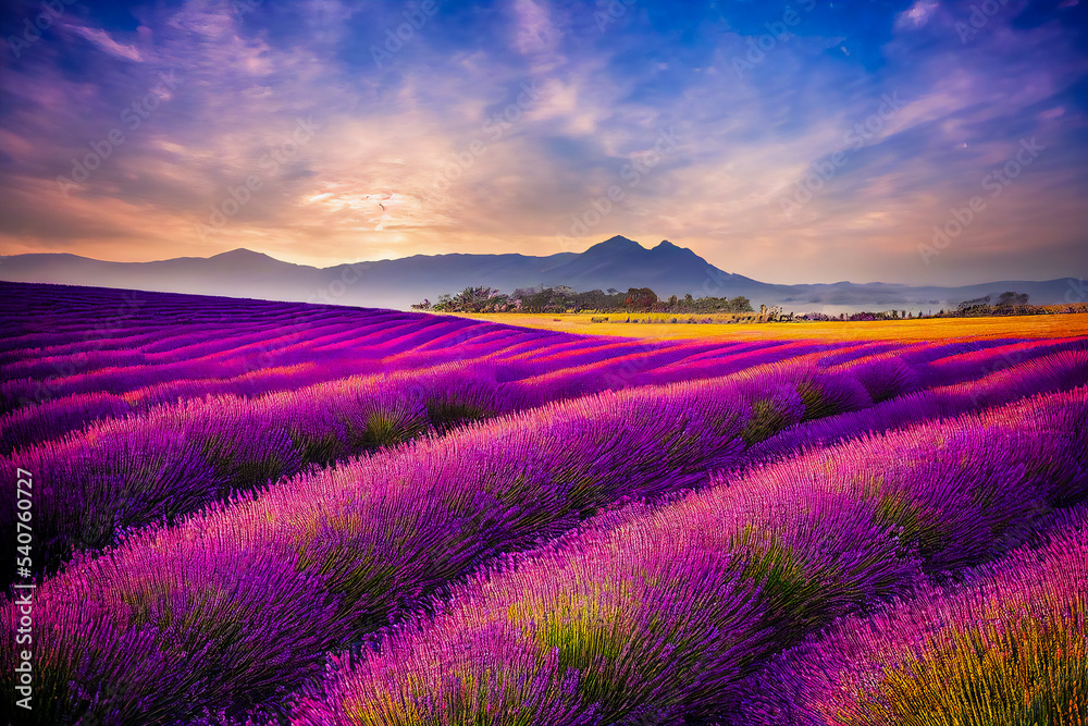 Mediterranean landscape with cultivated lavender flowers, evoking freedom and Provence. Illustration 3d. Mediterranean landscape with cultivated lavender flowers, evoking freedom and Provence. Illustration 3d.