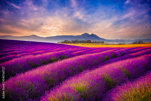 Mediterranean landscape with cultivated lavender flowers, evoking freedom and Provence. Illustration 3d.