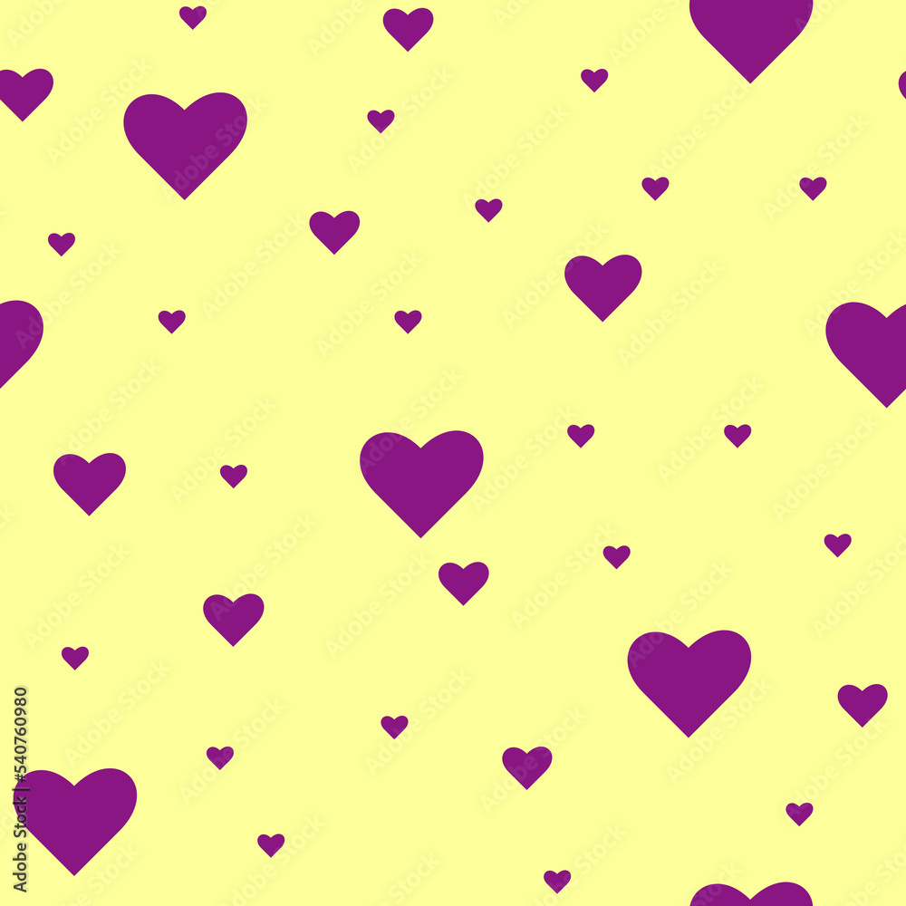 Violet hearts different sizes on yellow background. Seamless vector pattern.