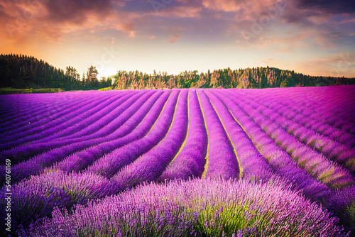 Lavender field and its Provencal flowers. Landscape evoking the south of Europe and the Mediterranean. Illustration 3d.