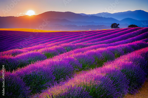 Typical landscape of Provence and the south of Europe, with lavender fields and sunset. illustration 3d