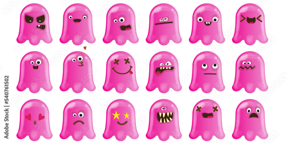 Set of cute funny happy pink ghosts isolated on grey background. Ghost sticker collection with different emotions. Halloween design element set