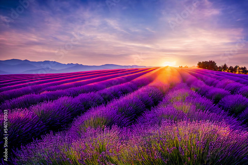 Sunset on a lavender plantation. Landscape evoking the south of Europe and the Mediterranean. Illustration 3d.