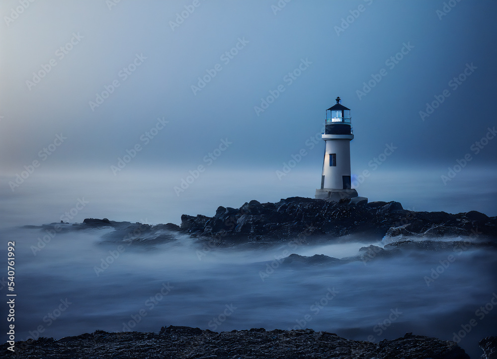Sea lighthouse in the mist. Night landscape with mist and rocks. Symbol of the vacations at the sea. Illustration 3d.