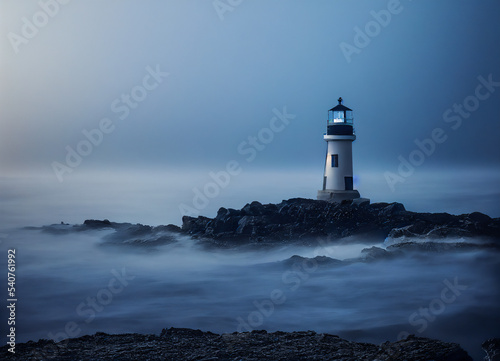 Sea lighthouse in the mist. Night landscape with mist and rocks. Symbol of the vacations at the sea. Illustration 3d.