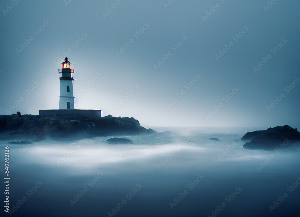 Lighthouse on the ocean coast, with light mist and waves. Typical seascape. 3d illustration.
