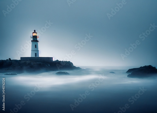 Lighthouse on the ocean coast, with light mist and waves. Typical seascape. 3d illustration. © XaMaps