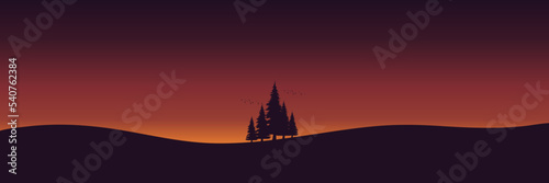 pine tree silhouette in sunset landscape vector illustrattion good for wallpaper, background, backdrop, banner, tourism, adventure and design template
