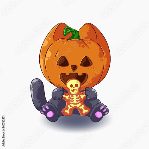 Scary cartoon kitten with a pumpkin on his head and a cookie with a skeleton in his hands. Halloween vector illustration isolated on white background. Suitable for postcards, t-shirts, mugs, etc.