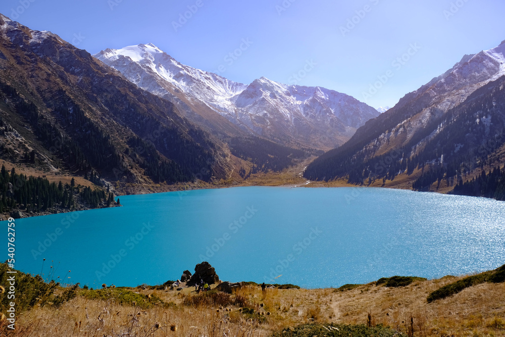 Amazing mountain lake with turquoise water, Big Almaty lake. 