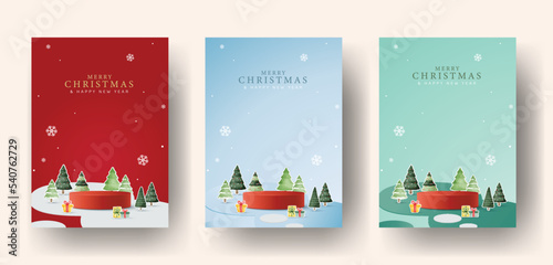 3D Christmas and New Year background. Realistic stage, podium. Banner sale and poster, cover flyer and brochure