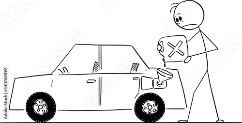 Person Refueling Out of Gas Car from Petrol Can, Vector Cartoon Stick Figure Illustration