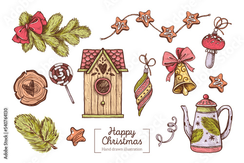 Vector collection of hand-drawn Christmas elements in vintage graphic style.  Doodle style. Hand draw artwork. Christmas tree branches, bell, house, kettle, Christmas decorations, gingerbread