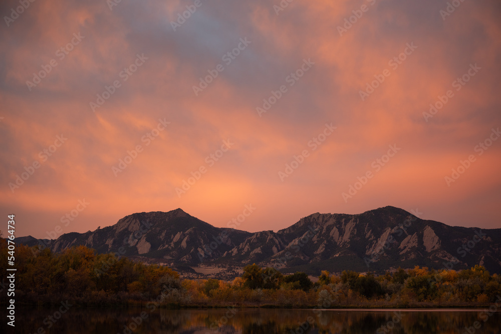 The flatirons and sunrise near Boulder, Colorado in the fall