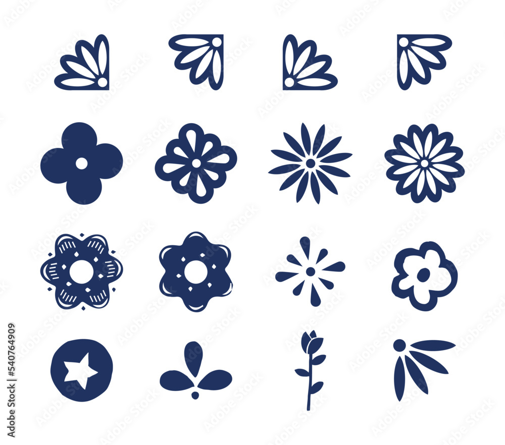 Set of flat blue flower icons in silhouette. Set of hand draw flowers for tiles and ceramic Set of flat blue flower icons in silhouette. Set of hand draw flowers for tiles and ceramic