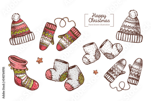 Vector set of hand drawn winter clothes: woolen hat, mittens, sock, felt boots. in graphic style. Hand drawn Merry Christmas illustration for invitation, card, textiles, design