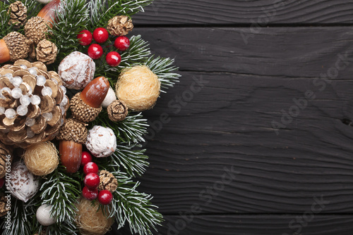 Homemade Christmas or Christmas decorations made of Christmas tree and cones.
