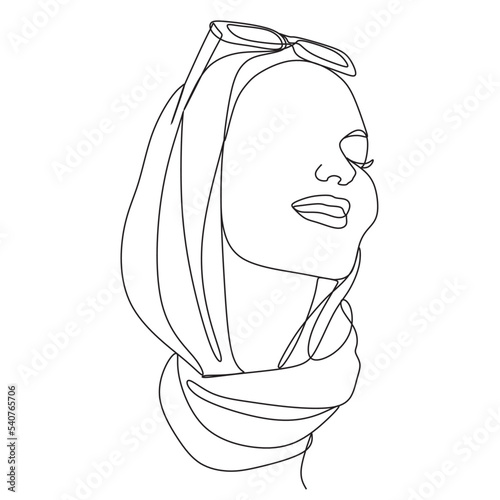 Woman in hijab line drawing.Hijab one line. Vector line drawing. One line art. Hijab Styles. Bandana. Muslim Fashion. Beach Hijab. Summer Outfit.