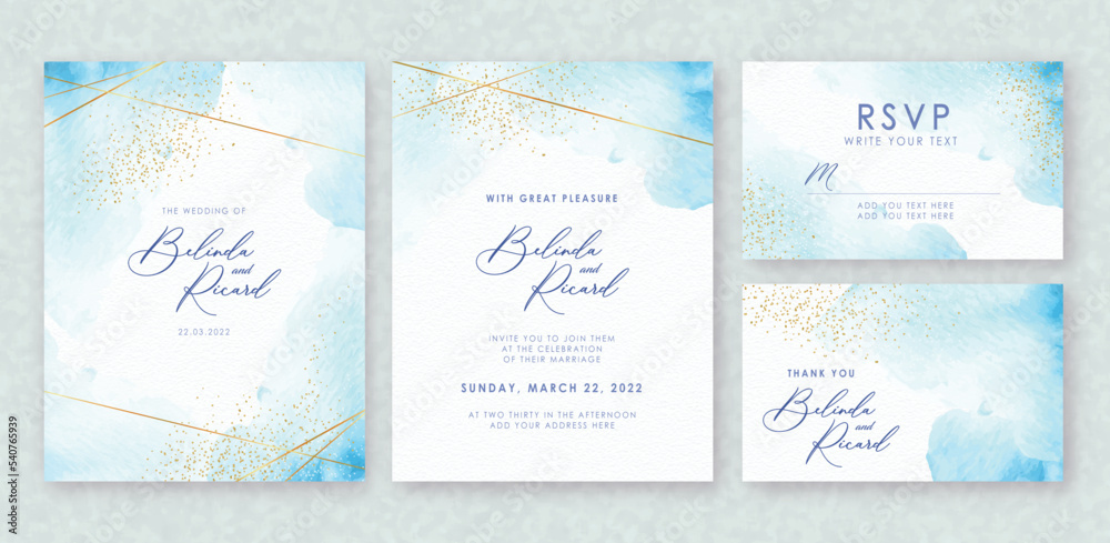 Beautiful blue splash on wedding invitation set