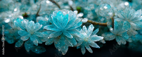 Abstract fantasy One kind of flower is broken ice blue crystal chrysanthemum,winter background.3d render. photo