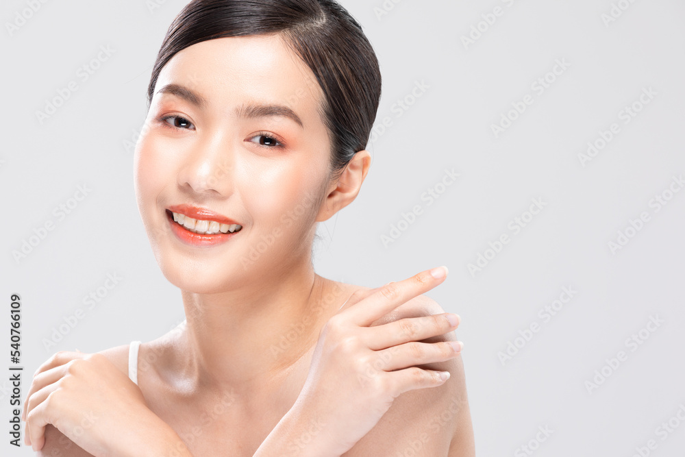 Wellness Beautiful Young Asian Woman Looking While Touching Shoulder feeling so happy and cheerful with healthy Clean and Fresh skin,isolated on white. Self care and Beauty Cosmetics Concept Wellness Beautiful Young Asian Woman Looking While Touching Shoulder feeling so happy and cheerful with healthy Clean and Fresh skin,isolated on white. Self care and Beauty Cosmetics Concept