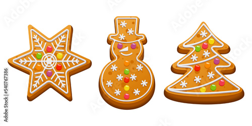 Festive winter cookies snowman, christmas tree, star with sugar icing and marmalade. Gingerbread for Christmas. Vector illustration.


