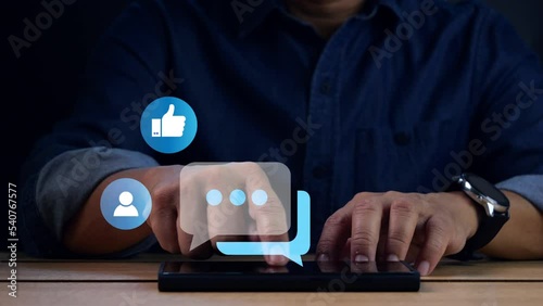 Man hand using cell phone for mobile texting message contact, search internet information in office technology device communication connecting, like and love icon,  business concept-4k.