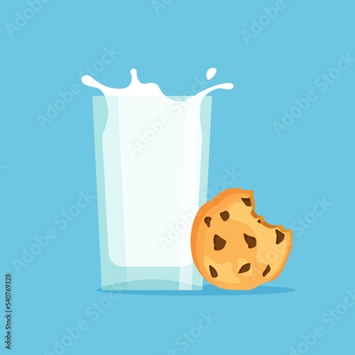 Full glass of milk with traditional chip cookies with chocolate. Vector illustration isolated on blue background