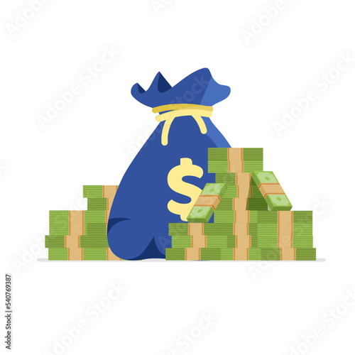 Money bag with stack of dollar banknotes. Business concept. Icon for web and apps. Vector illustration isolated on white background.