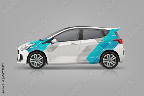 Side view Car mockup with branding design or corporate identity. Abstract green graphics Wrap, sticker and decal design for Company Car. Branding vehicle