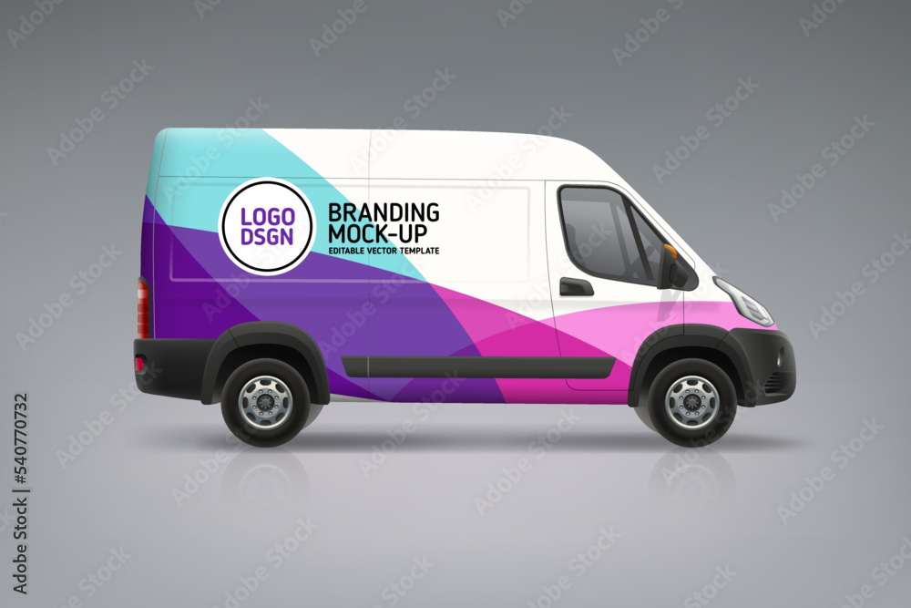 Realistic vector Van mockup with brandiing wrap decal for livery design. Abstract graphics of btrendy colors wrap, sticker and decal design for company transport. Brand identity vehicle
 - obrazy, fototapety, plakaty 
