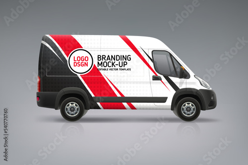 Corporate Van mockup with red stripes livery branding design. Abstract graphic of red and black stripes wrap, sticker and decal. Brandin decal vehicle. Delivery Van mock-up. Editable vector