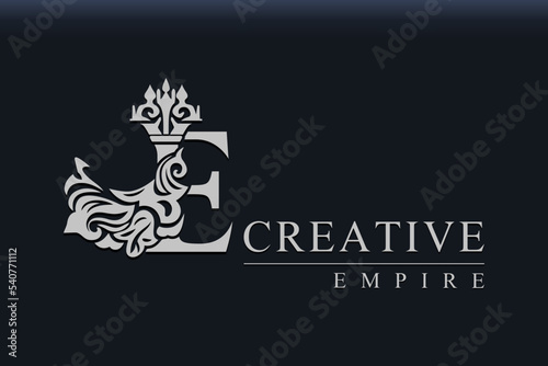 Royal Letter E with Crown. Luxury Logo Template. Creative Design. Emblem for Business Sign, Badge, Crest, Label, Boutique Brand, Hotel, Restaurant, Heraldic. Victorian style. Vector Illustration