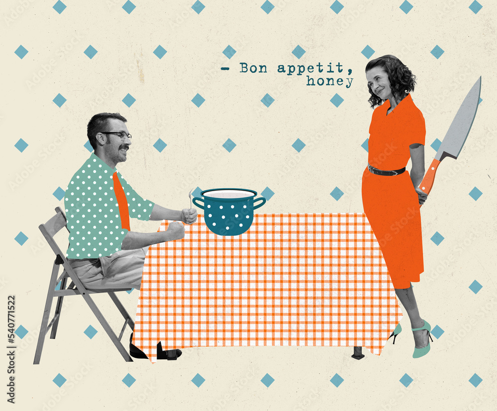 Contemporary art collage. Creative design in retro style. Beautiful woman standing with knife behind back and man eating poisoned food. Movie remake Contemporary art collage. Creative design in retro style. Beautiful woman standing with knife behind back and man eating poisoned food. Movie remake