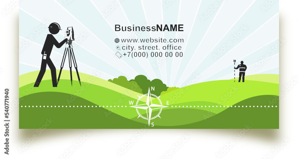 Business card concept for geodetic and cadastral work. Surveyor at the geodetic instrument - obrazy, fototapety, plakaty 