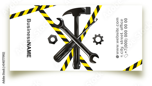 Business card for repair and service. Set of construction repair tool silhouette
