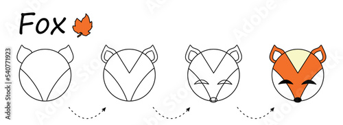 Kid coloring worksheet, Step by step drawing Fox. Easy educational game for preschool children