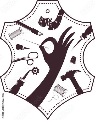 Symbol for leather tailoring. A set of tools for the leatherworker. Leather goods symbol