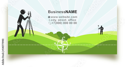 Business card concept for geodetic and cadastral work. Surveyor at the geodetic instrument