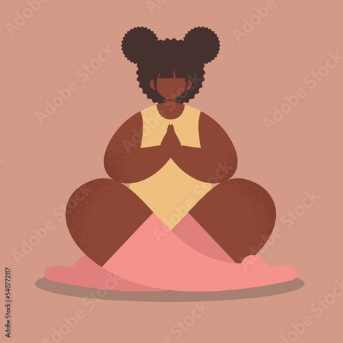 Vector flat illustration. African American girl doing yoga. Square postcard, poster.