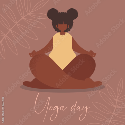 Vector flat illustration. African American girl doing yoga. International Yoga Day. Square postcard, poster.