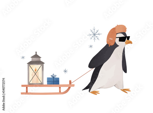 Vector illustration - penguin with winter hat and sunglass with sleigh with gifts. Funny cartoon arctic bird. Childish watercolor illustration. Winter character for kid. Perfect for prints, home decor