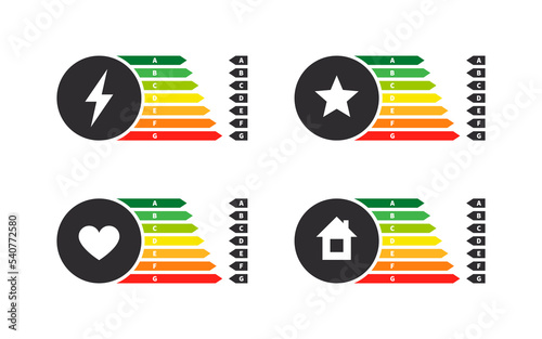 Energy graphs badges. Energy efficiency rating. Energy efficiency arrows. Vector illustration