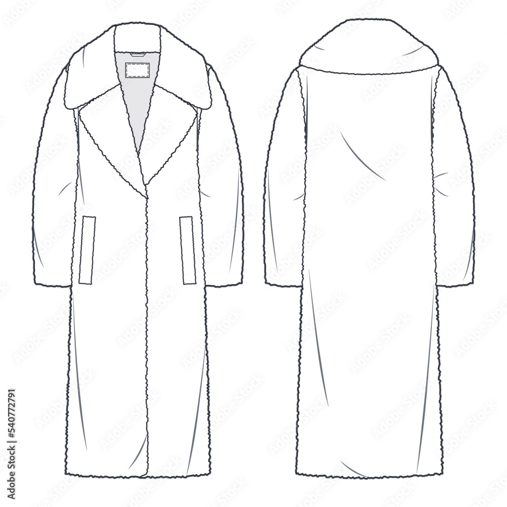 Fur Coat technical fashion Illustration. Oversize Fur Coat technical  drawing template, midi length, long sleeve, pockets, front and back view,  white, women, men, unisex CAD mockup. Stock Vector | Adobe Stock