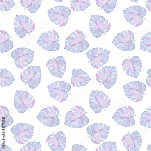 Seamless pattern with watercolor tropical leaves for wallpaper, fabric, fashion taxtile, packing. Watercolor illustration with pastel colors